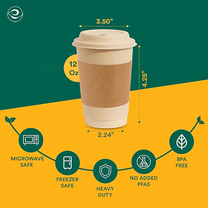 ECO SOUL 100% Compostable Coffee Cups With Lids & Sleeves - To Go Coffee Disposable Bagasse Cups |Sturdy & Eco-Friendly Cups for Cafes, Party, Office (200, 12 Oz)