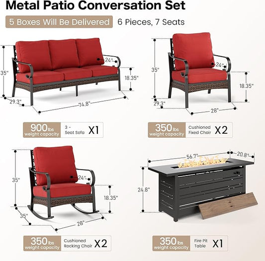 6 Piece Black Metal Outdoor Patio Furniture Sets with Firepit Table, Patio Conversation Sets 1 3-Seater Sofa, 2 Leg Sofa and 2 Rocking Sofa with 5.75" Cushion for Backyard Deck, Red