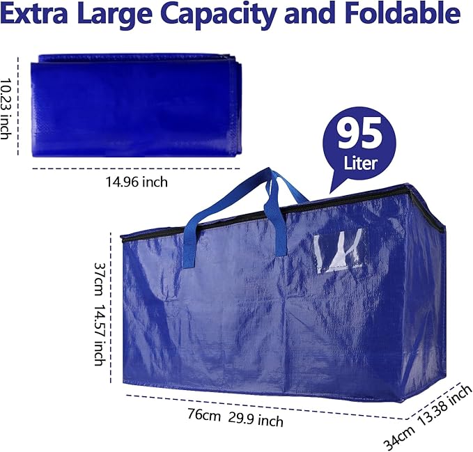 4 Pack Waterproof Moving Bags with Strong Zippers and Reinforced Handles, Real 100lb Capacity Extra Heavy Duty Large Storage Totes for Packing & Moving Storing, Alternative to Moving Boxes -95L,Blue