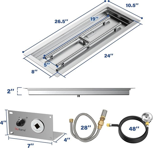 Skyflame 24 x 8 Inch Rectangular Fire Pit Pan Kit, Stainless Steel Drop-in Fire Pit Pan and Burner, Come with Spark Ignition and Propane Hose, Indoor/Outdoor Fire Table DIY Decorative