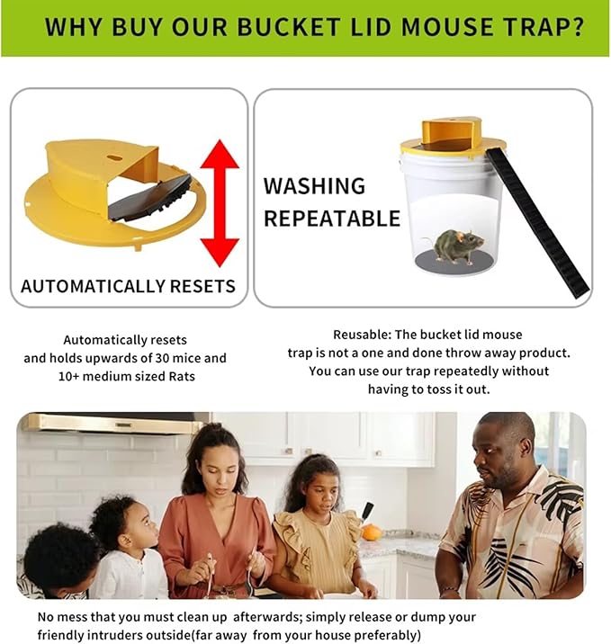 Mouse Trap Bucket Flip Lid, Auto-Reset Multi-Catch Bucket Mouse Trap Lid for 5 Gallon Bucket, Humane Indoor Outdoor Use, Detachable & Sturdy (Yellow)