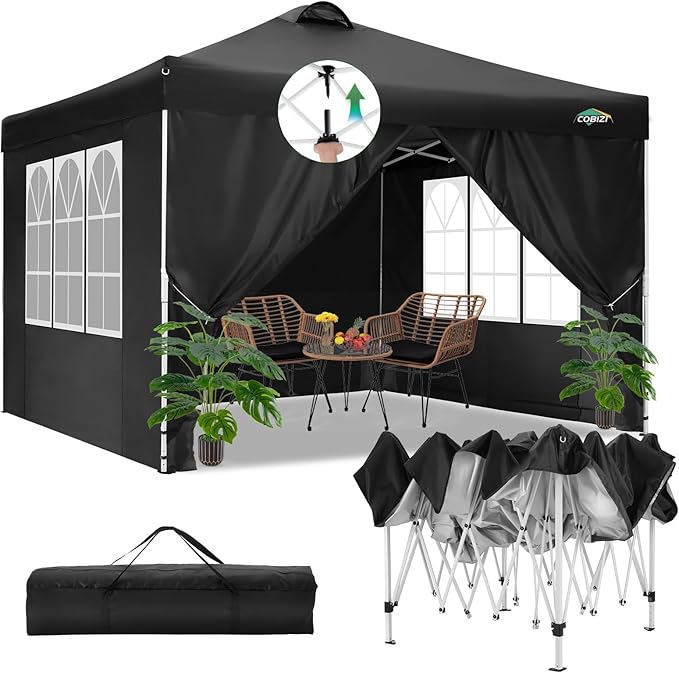 COBIZI Canopy Tent 10x10 Pop Up Outdoor Canopies with 4 Sidewalls Waterproof Commercial Instant Gazebo Tents for Party Patio Backyard with 4 Sandbags, 4 Stakes & 8 Ropes, Black
