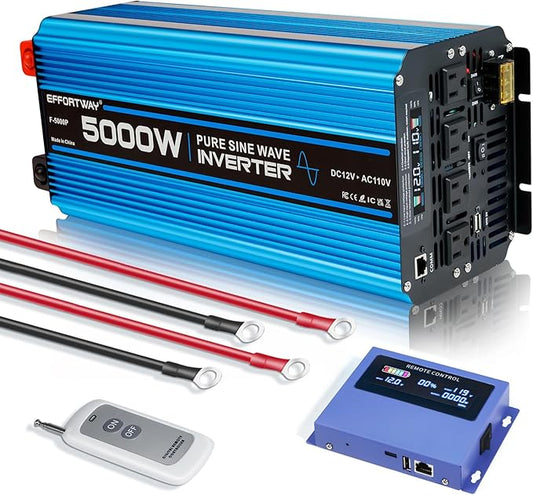 5000W Pure sine Wave Inverter DC 12V to AC 110V/120V Converter 10000w (Peak) with LCD Display Wireless/Wired Remote Control 4AC outlets 4USB and Hardwired AC.Ideal for RV Travel Off-Grid Solar Systems