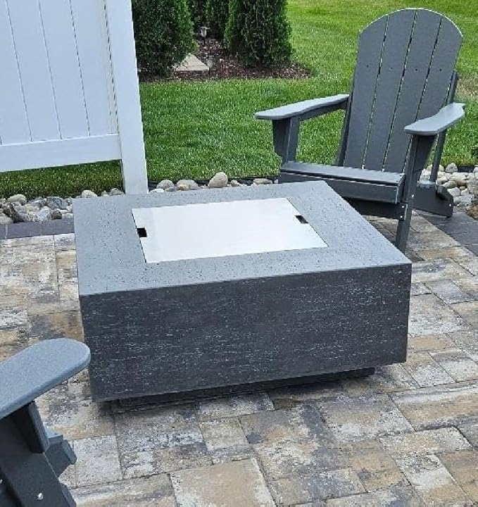 AMS Creations | Albany Square Propane Gas Outdoor Fire Pit Table | Concrete GFRC Fire Pit Table | with SS Lid, Canvas Cover, Lava Rock and Wind Guard Included (Fuel Type: Liquid Propane)