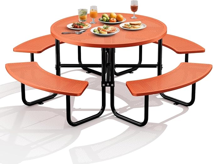 KUFUH 46" Coated Round Metal Picnic Table for 4-8 Person, Durable Heavy Duty Commercial Picnic Table with Umbrella Hole for Outdoor Coffee Shop, School, Easy to Install, Orange