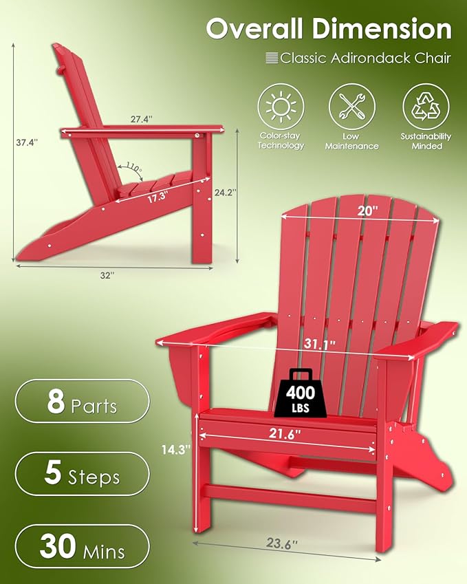 GREENVINES Adirondack Chair | HDPE Plastic | Oversized Fire Pit Chairs | All Weather | Red | Poly Lumber | for Outdoor Deck Backyard Patio Garden