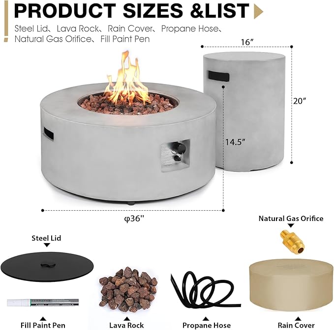 36inch Round Concrete Fire Pit Table with Propane Tank Cover 50,000 BTU Outdoor Fire Table Modern Firepit CSA Certification Natural Gas Firepits with Steel Lid, Rain Cover for Backyard, Deck