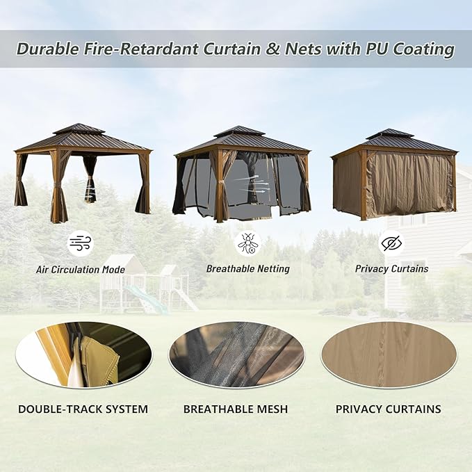 12' x 12' Hardtop Gazebo Outdoor Aluminum Gazebos Wood Grain with Galvanized Steel Double Canopy for Patios Deck Backyard,Curtains&Netting by domi outdoor living