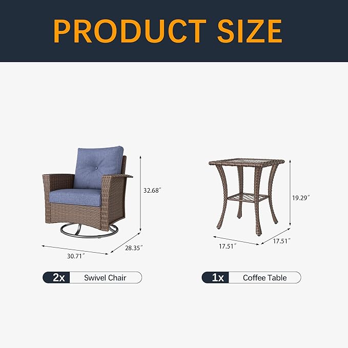 3 Pieces Outdoor Patio Furniture Set, Wicker Patio Sectional Set Conversation Wicker Swivel Chairs with Small Side Table