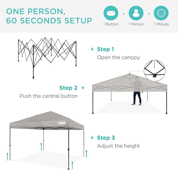 Best Choice Products 8x8ft 1-Person Setup Pop Up Canopy Tent Instant Portable Shelter w/ 1-Button Push, Case, 4 Weight Bags - Light Gray