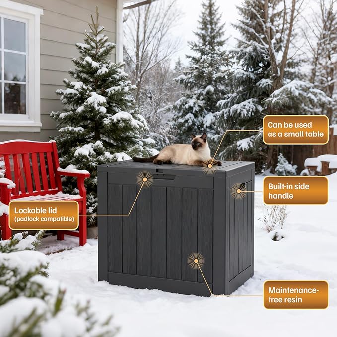 31 Gallon Deck Box, Small Outdoor Storage Box Waterproof, Outside Resin Storage Bin for Outdoor Patio Furniture Pillow, Pool Supply, Garden Tool, UV-Resistant and Weatherproof, Black