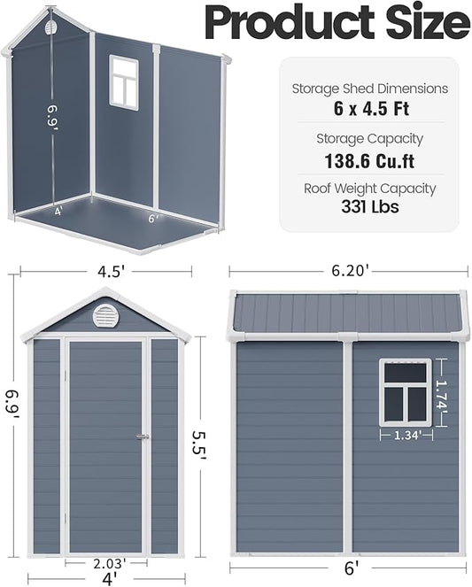 6x4.5 FT Plastic Sheds & Outdoor Storage, UV Resistant Storage Sheds Outdoor with Floor and Window, All-Weather Garden Resin Tool Shed for Lawn Mower, Yard Tools, Bike, Dark Gray