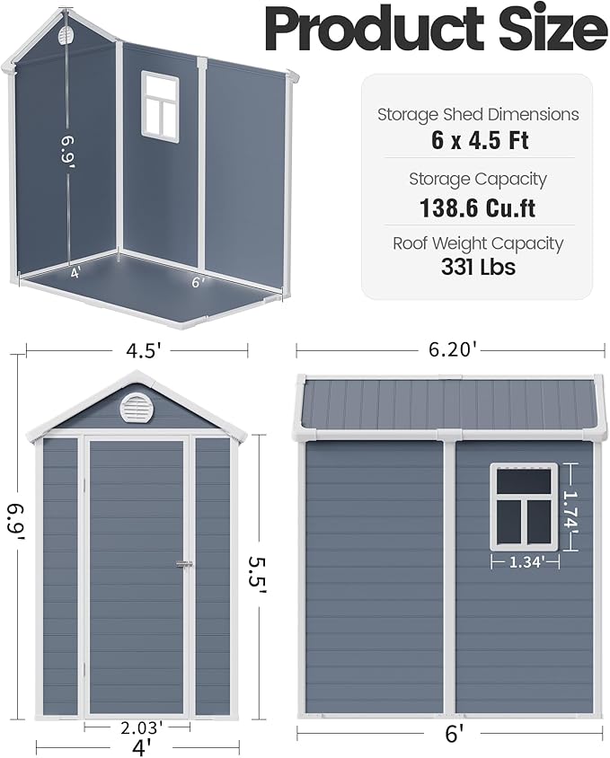 6x4.5 Resin Outdoor Storage Shed with Enhanced Roof Runoff & Floor, Secure Hidden Screws Design, Durable Build for Deck, Pool Supplies, and Versatile Storage, Dark Grey