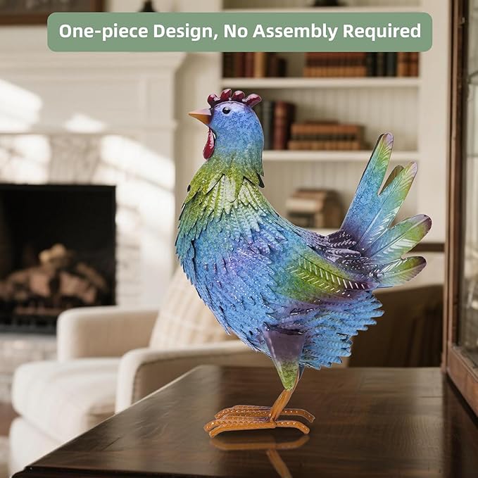 13.4" Metal Blue Chicken Garden Sculptures & Statues for Outdoor Garden Decorations ,Hen Statue for Home Decor, Gradient Impressionist Colors, Handmade Gift for Grandma, Gardener Christmas Holiday