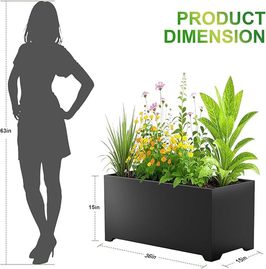 Heavy-Duty Metal Garden Planter Box, Large Outdoor Rectangle Planters with 6 Drainage Holes & Raised Bottom, All-Weather Container for Patio, Deck, Commercial Use, 32"L x 15"W x 15"H, Black