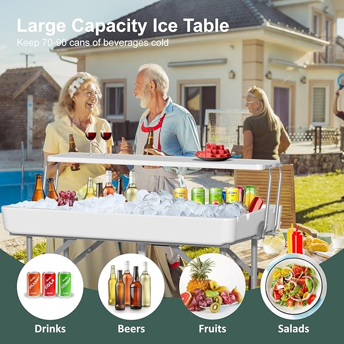 IWDOO Ice Cooler Table with Drain, Two-Tier Plastic Folding Tables, with Removable Matching Skirt and Shelf, Indoor Outdoor Use for Party Camping Picnic Fishing Cleaning, 440 lbs Capacity