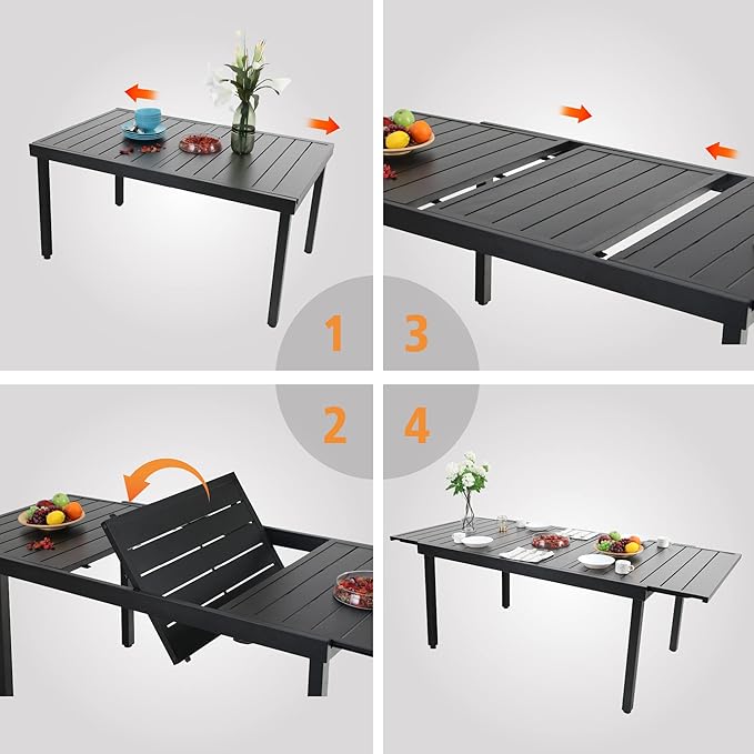 7 Pieces Patio Table and Chairs Set, Patio Dining Set for 6, 6 Textilene Chairs and 1 Expandable Rectangle Table with Umbrella Hole, for Deck Backyard Lawn Poolside, Red