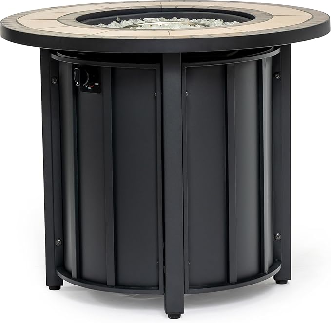30'' Marble Ceramic Round Propane Fire Pit Table, 50,000 BTU Gas FirePit for Outdoor, Fire Table with Lid, Warmth & Ambience to Gatherings and Parties On Patio Deck Garden Backyard, Black.
