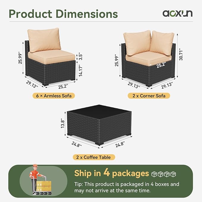 Aoxun 10 Piece Patio Furniture Set Wicker Rattan Patio Sectional Sofa Set Outdoor Seating Furniture with Thickened Cushion, Beige