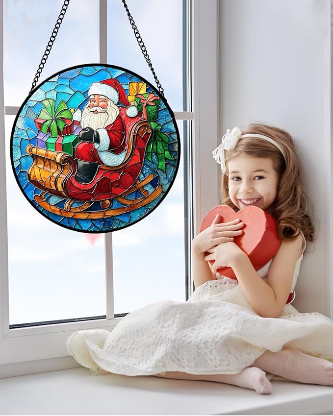 DASTOLL Stained Glass Window Hanging - Red Santa Claus Gift Box Suncatcher for Doors Home Christmas Decoration Winter Sun Catcher Thanksgiving New Year Birthday Gift for Women Men Mom Nana 9.8 in