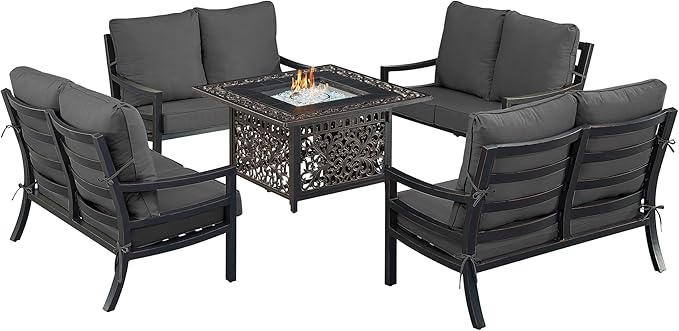 Oakland Living Black Aluminum Patio Fire Table Set with Four Deep Seating Loveseat with Cushions with Black Cushions