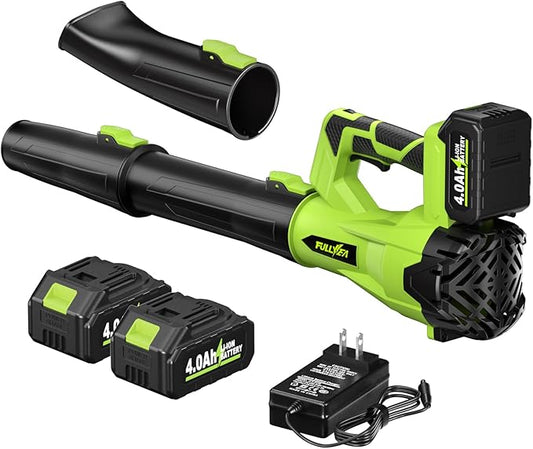 FULLYEA Cordless Leaf Blower 650CFM/180MPH, 21V Electric Leaf Blower with 3 Tubes & 2 x 4.0Ah Batteries, 6 Speed Modes, Battery Powered Leaf Blowers for Cleaning Patio, Yard, Garage, Lawn (Green)