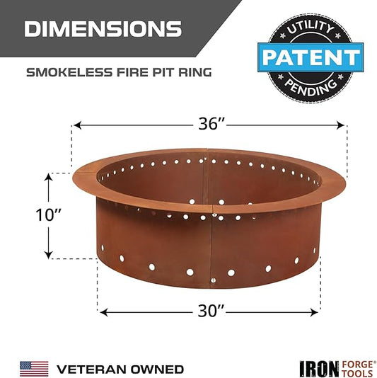 Heavy Duty Metal Smokeless Permanent Fire Pit Ring 36 inch Outer/30 inch Round Fire Pit Insert Liner for Outdoor, Firepits for Outside Corten Steel (36x30x10), Patent Pending
