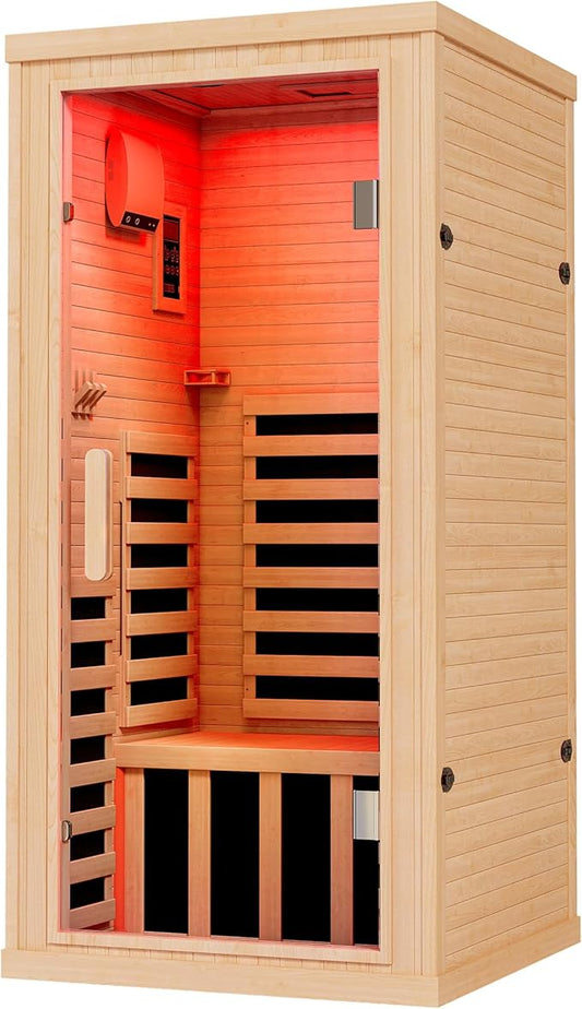 Albott Infrared Sauna 1 Person, Infrared Saunas for Home, 1260W/110V Hemlock Wood Dry Sauna with Foot Warmer, 7-Color Light Therapy, 2 Bluetooth Speakers & LCD Control Panel, 32.3"x32.3"x66.1"