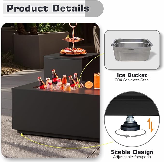 48 inch Propane Fire Pit Table with Ice Bucket, 2 in 1 Rectangular Outdoor Fire Pit with 20lb Tank Cover, Outside Patio Deck and Garden, Gas Fireplace Table with Lid and Stone