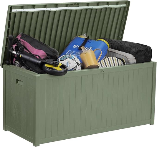 120 Gallon Outdoor Storage Box, Lockable Outside Storage Box Waterproof, Patio Cushions Deck Storage Boxes, Rattan Plastic Garden Hose Containers Resin Pool Storage Bins with lids, Sage Green