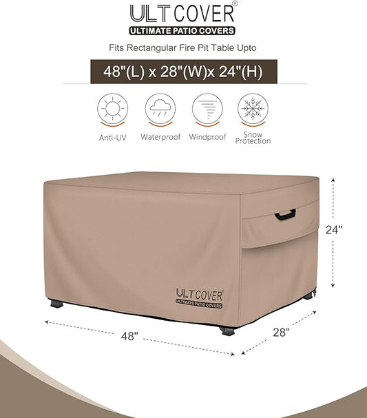ULTCOVER Rectangular Gas Fire Pit Table Cover 48x28 inch Waterproof Heavy Duty Firepit Cover