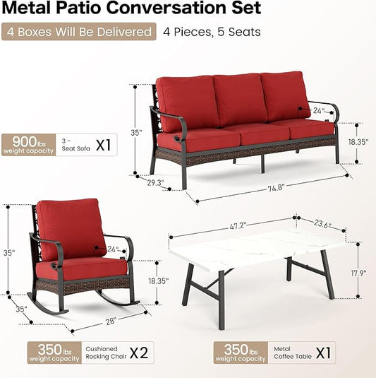 4 PCS Metal Outdoor Patio Furniture Set, Patio Conversation Sets 3-Seater Sofa, 2 Rocking Chairs with 5.75" Extra Thick Cushion & Coffee Table, Black Frame Backyard Furniture, Rust Red