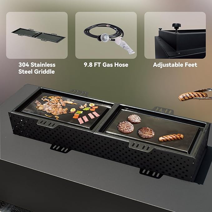 42 Inch Propane Fire Pit Table, 3-Piece Outdoor Rectangular Fire Pit, 50,000BTU Gas Firepit for Outside Patio with Griddle, Wind Guard, Lid, Black