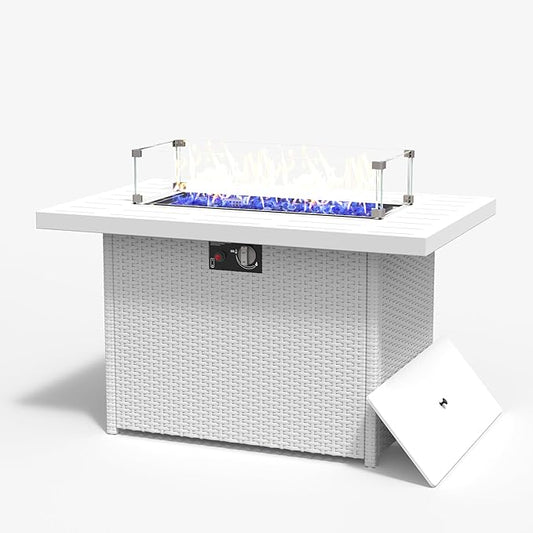 Rectangular Fire Pit Table, 44 inch Propane Gas Fire Pit with Glass Rocks, Wind Guard Glass Shield, Waterproof Cover for Outside Patio Backyard Deck Balcony