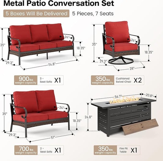5 Piece Black Metal Outdoor Patio Furniture Sets with Firepit Table, Patio Conversation Sets 1 3-Seater Sofa, 1 2-Seater Sofa, 2 Swivel Sofa with 5.75" Cushion for Backyard Deck, Red