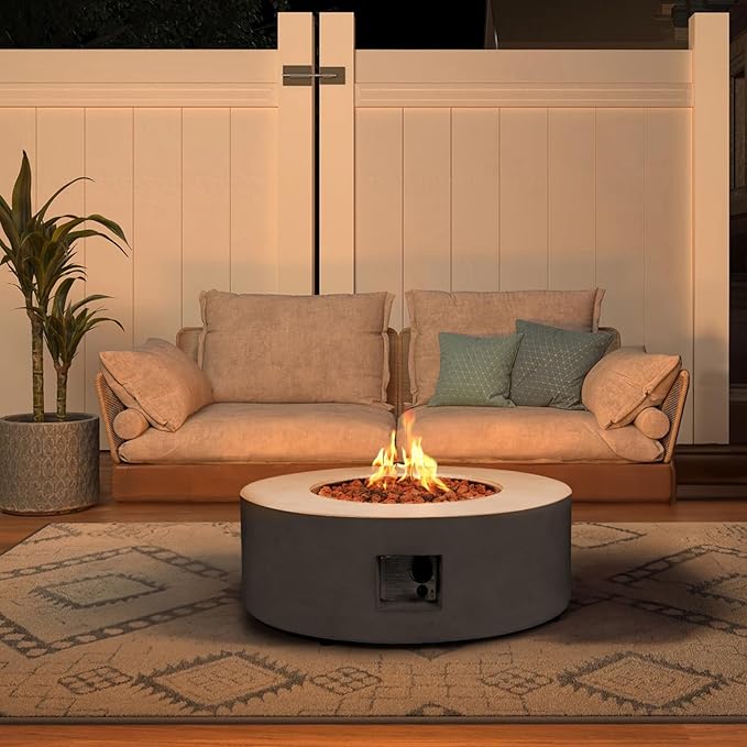 36inch Round Concrete Fire Pit Table Propane 50,000 BTU Outdoor Fire Table Modern Firepit CSA Certification Natural Gas Firepits with Steel Lid, Rain Cover for Outside, Backyard, Deck