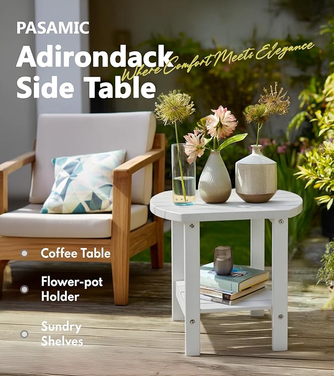 PASAMIC 2-Tier Adirondack Oval Outdoor Side Table, HDPE Small Outdoor Table, Patio End Table for Patio, Backyard, Weather-Resistant (White)