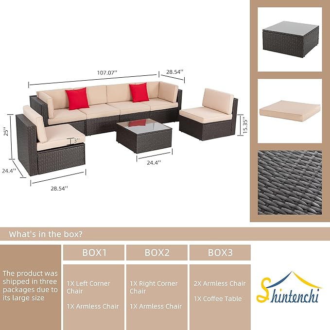 Shintenchi 7 Pieces Patio Furniture Sets Outdoor All-Weather Sectional Patio Sofa Set PE Rattan Manual Weaving Wicker Patio Conversation Set with Glass Table&Ottoman Cushion and Red Pillows, Beige