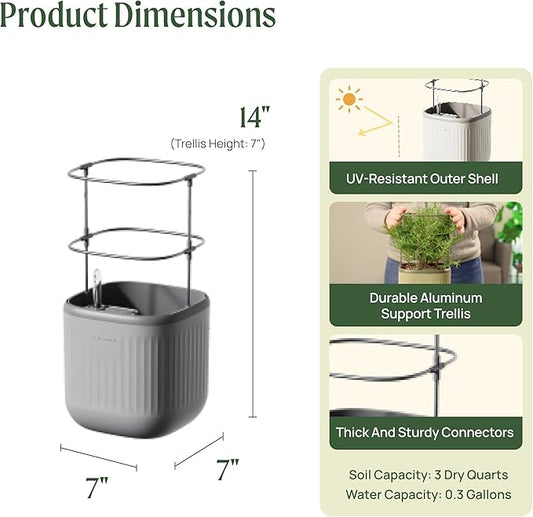 Vego garden Mini Planter Indoor Pots with Trellis Self-Watering Herb Countertop Planter for Climbing Vegetables Flowers Mint Plants Cage 2 Pack- Fog Gray