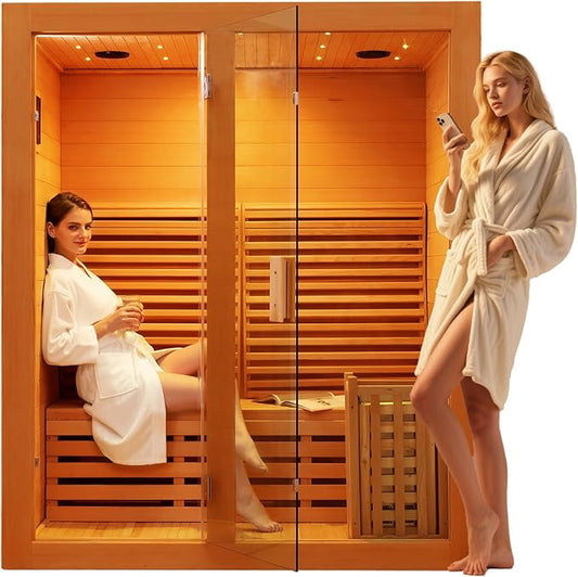 ZONEMEL Wooden Steam Sauna Room, 2-3 Person Canadian Red Cedar Luxurious Indoor Sauna with 4.5 KW Harvia Stove Heater, WiFi Control, Sauna Stone, Wooden Bucket, Scoop, Reading Light, Hourglass, 220V