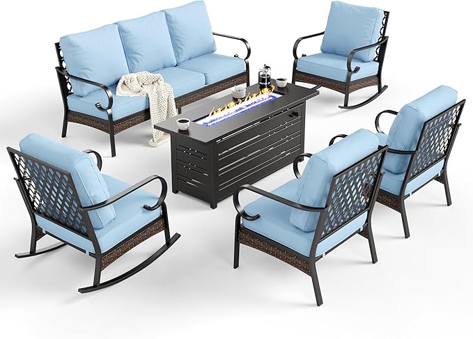 6 Piece Black Metal Outdoor Patio Furniture Sets with Firepit Table, Patio Conversation Sets 1 3-Seater Sofa, 2 Leg Sofa and 2 Rocking Sofa with 5.75" Cushion for Backyard Deck, Blue