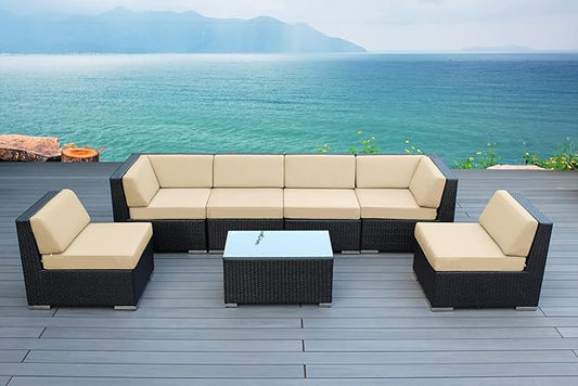 7-Piece Outdoor Patio Wicker Furniture Set, No-Assembly Sectional Sofa with Weather-Resistant Cushions, All-Weather Conversation Set (Sunbrella Antique Beige)
