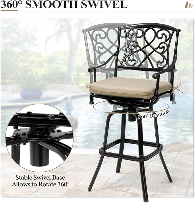 Crestlive Products Outdoor Bar Stools with Sunbrella Cushion Set of 2, 360° Swivel Patio Bar Height Chairs, All Weather Heavy Duty Commercial Grade Furniture, Antique Brown Finish for Outside (Tan)