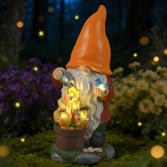 Ayadon Solar Gnome Statue Outdoor Decor,Gnome Figurines with Flower LED Light for Garden Decorations for Patio Lawn Balcony Fairy Gardens,Housewarming Gifts for Women Mom