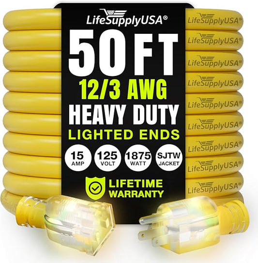 50ft Outdoor/Indoor Extension Cord 12/3 Gauge Extra Heavy Duty 3 Prong SJTW, Waterproof, Flexible Cold-Resistant Long Power Cord,15A 125V 1875W, Yellow by LifeSupplyUSA