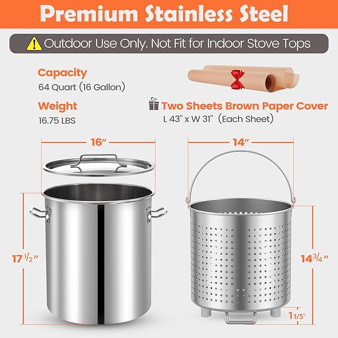ARC 64QT Seafood Boiling Kit, 200,000BTU Stainless Steel Propane Burner And Crawfish Boil Pot With Strainer, Wheeled Legs and 360°Windscreen For Outdoors Cooking and Steaming, Large Turkey Fryer Pot