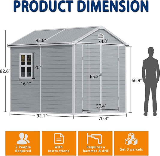 8x6 FT Resin Outdoor Storage Shed with Floor, Weather-Resistant Plastic Garden Shed with Windows, Lockable Door and Vents, Outside Tool Storage Sheds for Backyard, Garden, Lawn, Grey