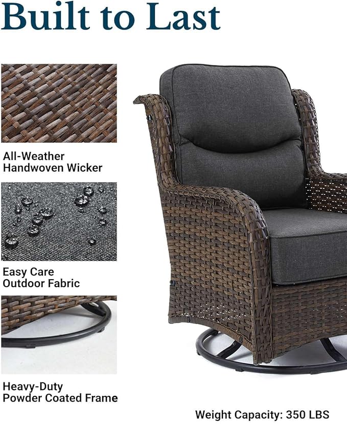 HILLGA Luxury Patio Furniture Set with 6-Inch Thick Cushions, High Back Outdoor Swivel Rocker Chairs and Table, 3-Piece All Weather Conversation Set for Porch Deck Balcony Yard, Dark Grey (V3)