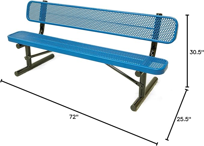 COATEDOUTDOORFURNITURE Heavy-Duty Portable Outdoor Bench Thermoplastic Coated, Punched Steel, Commercial-Grade Seating, Made in America (Portable with Back, 6 Ft, Textured Light Blue)