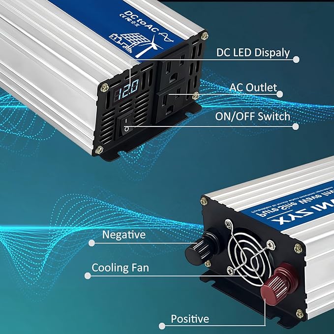 1200W Pure Sine Wave Power Inverter DC 12V to AC 110V/120V, 2400W Peak, Car/Truck Power Converter for Solar, Home, Vehicle & Rechargeable Devices with LED Display